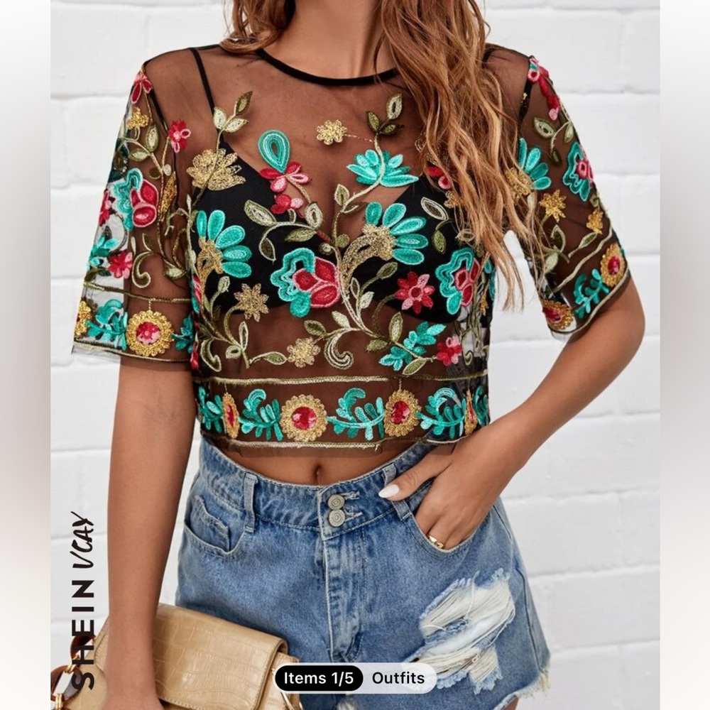 mesh embroidered top❤️